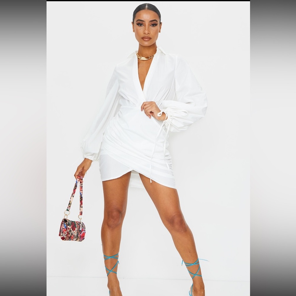White Plunge Ruched Tie Cuff Shirt Bodycon Dress